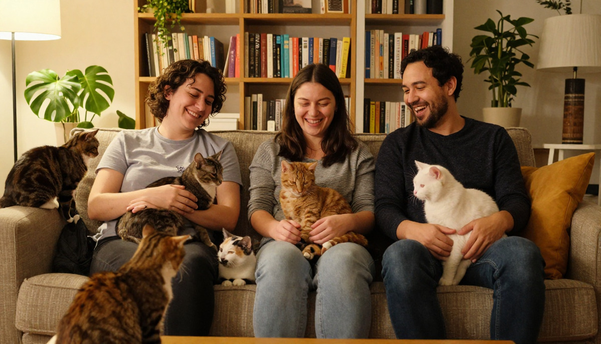 Three team members sitting on a couch with cats, laughing together