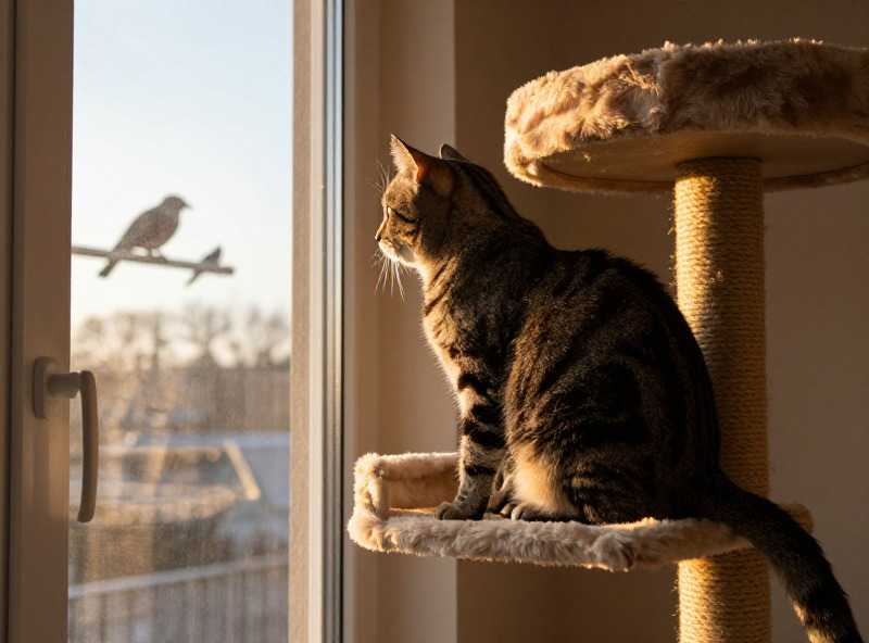 A tabby cat perched on a cat tree near a window, watching birds