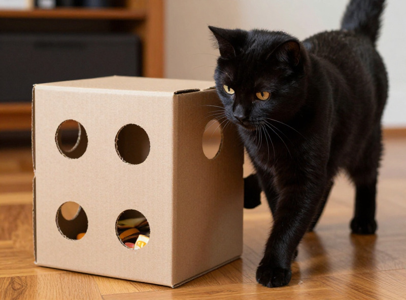 A black cat playing with a homemade cardboard box puzzle with treats inside