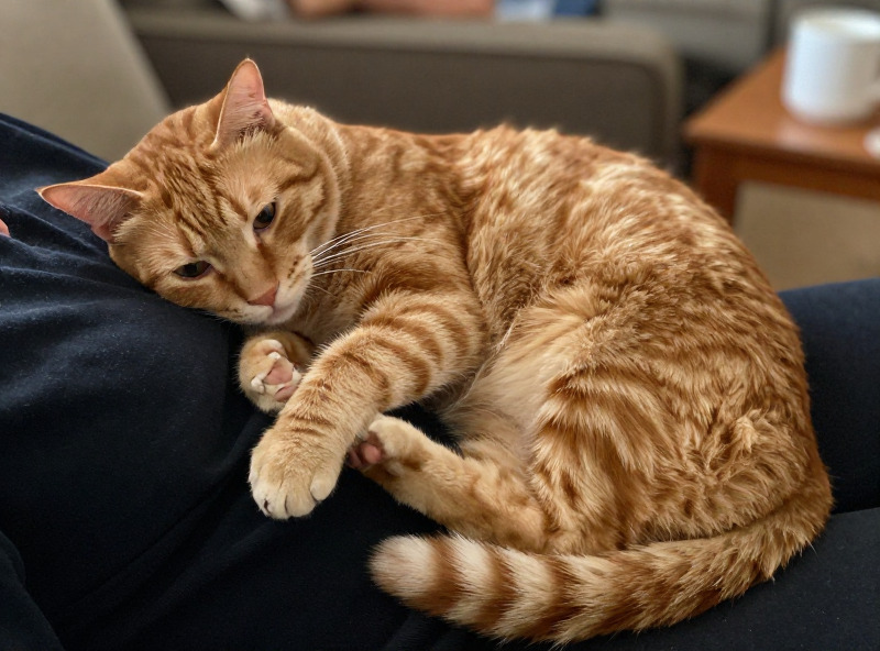 A ginger tabby cat lying on a person's lap, paws extended and kneading gently