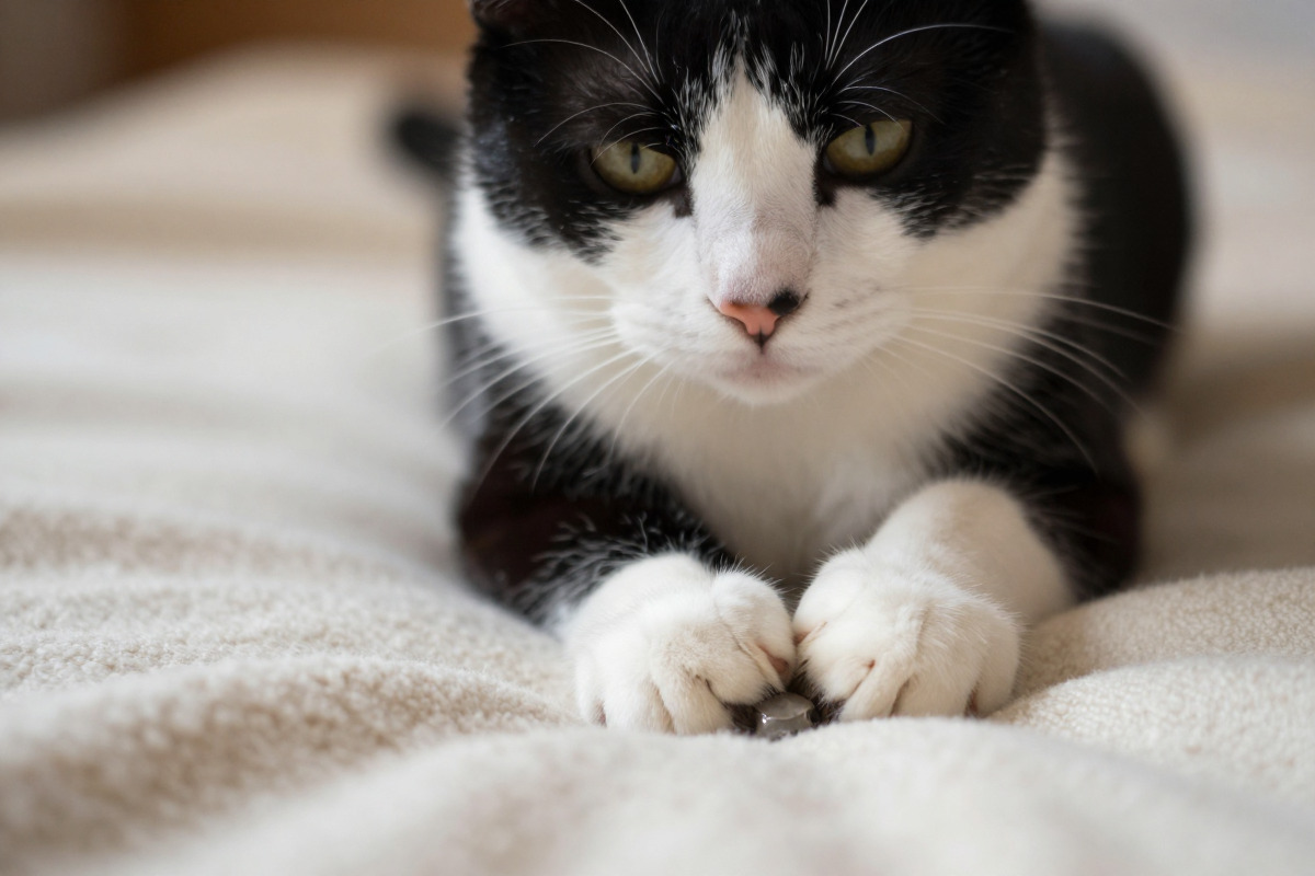 A tuxedo cat kneading a soft cream blanket