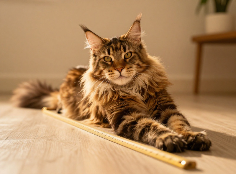 A large Maine Coon cat stretching out next to a household object, showing its impressive size