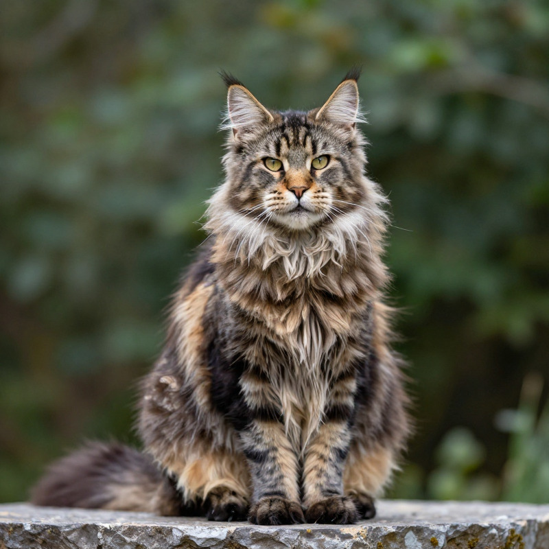 A Maine Coon cat sitting proudly on a stone step