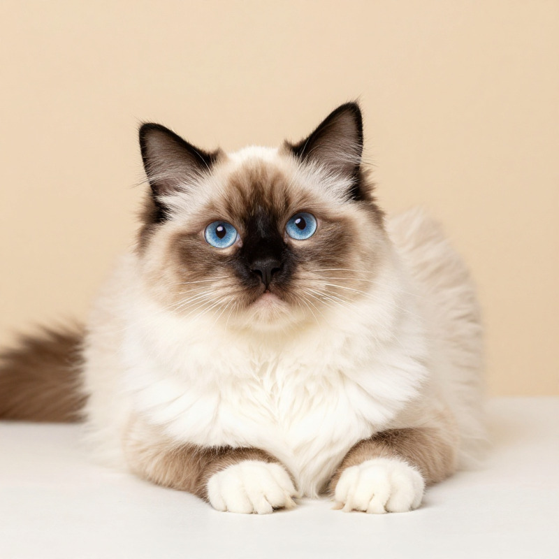 A beautiful Ragdoll cat with blue eyes and cream coat