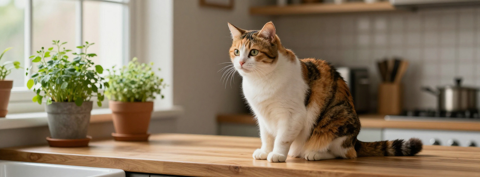 A calico cat sitting on a kitchen counter next to potted herbs